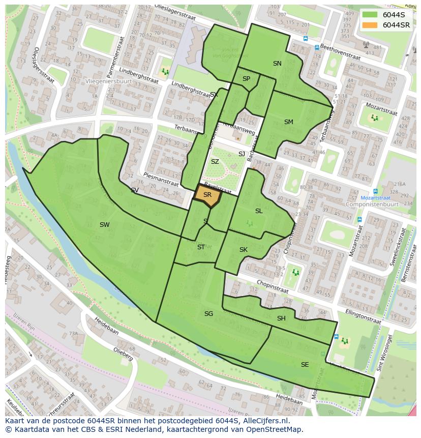 Afbeelding van het postcodegebied 6044 SR op de kaart.