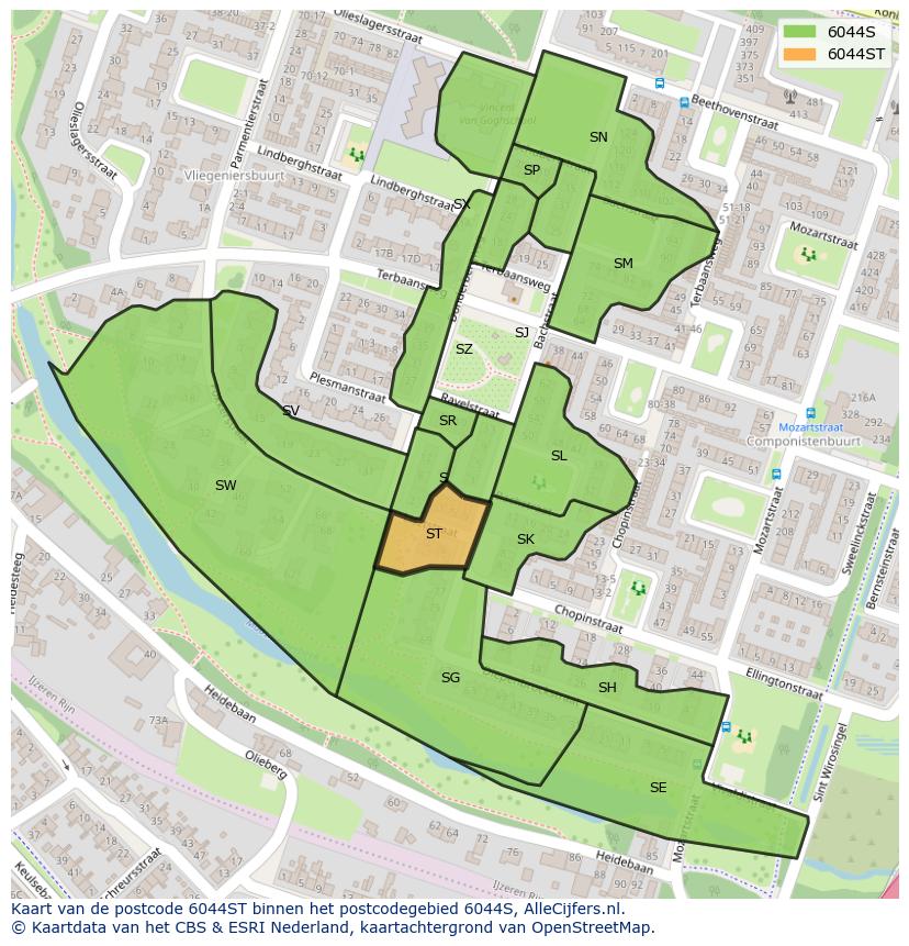 Afbeelding van het postcodegebied 6044 ST op de kaart.