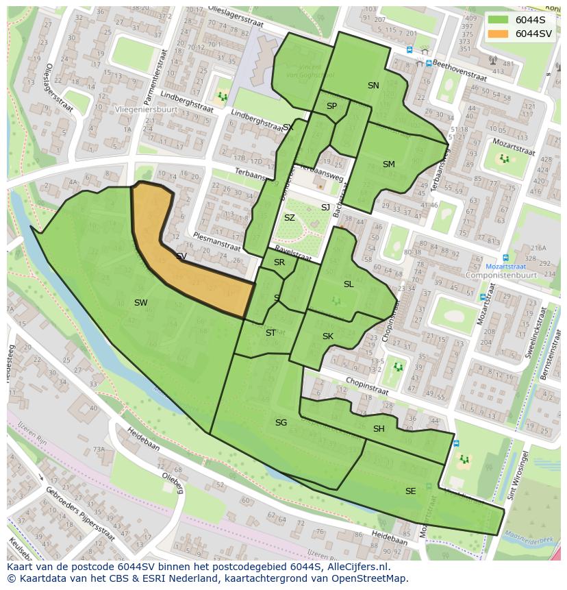 Afbeelding van het postcodegebied 6044 SV op de kaart.