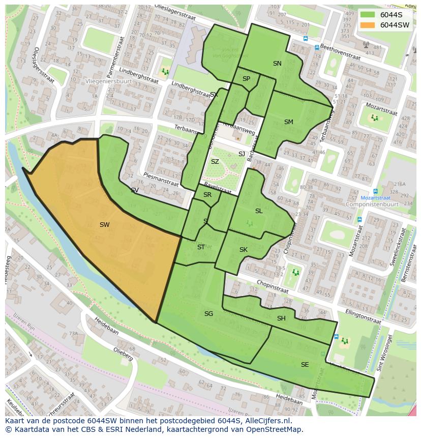 Afbeelding van het postcodegebied 6044 SW op de kaart.