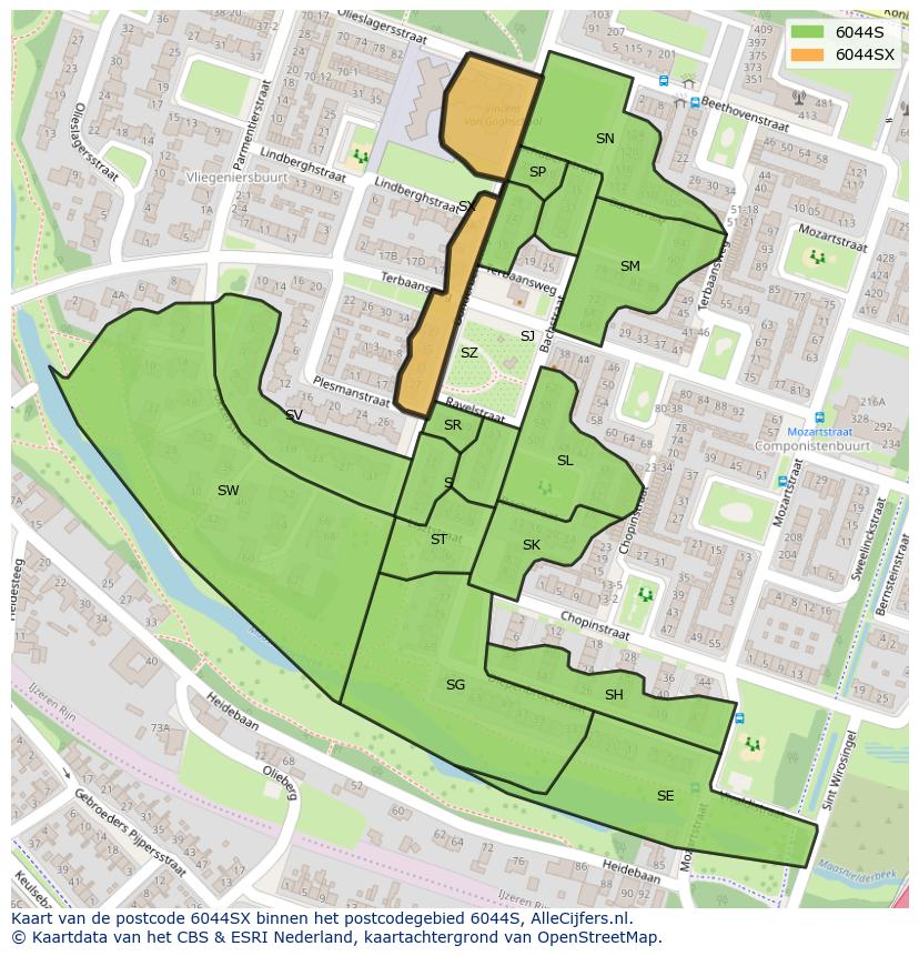 Afbeelding van het postcodegebied 6044 SX op de kaart.