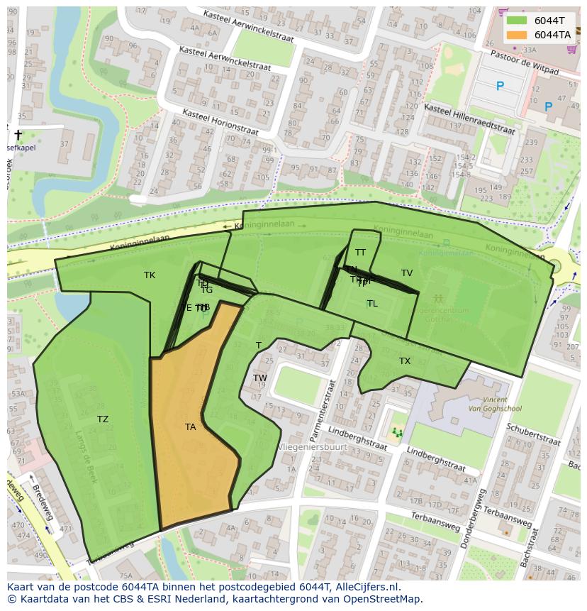 Afbeelding van het postcodegebied 6044 TA op de kaart.