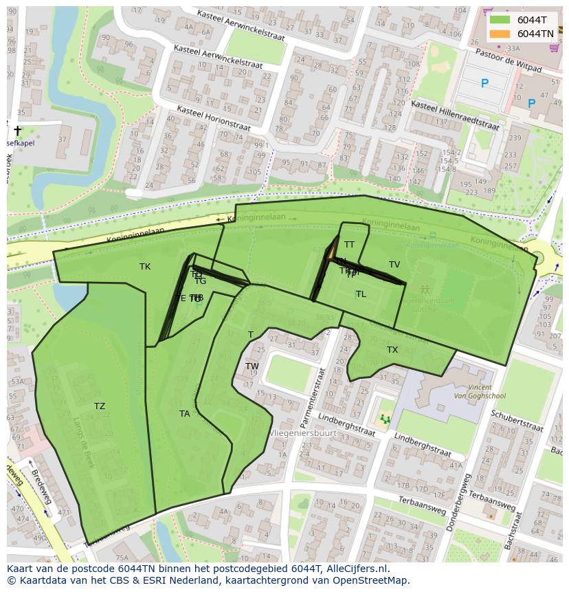 Afbeelding van het postcodegebied 6044 TN op de kaart.