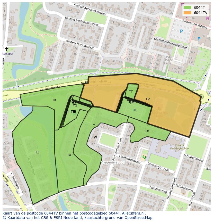 Afbeelding van het postcodegebied 6044 TV op de kaart.
