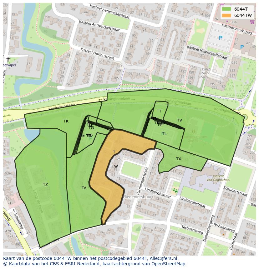 Afbeelding van het postcodegebied 6044 TW op de kaart.