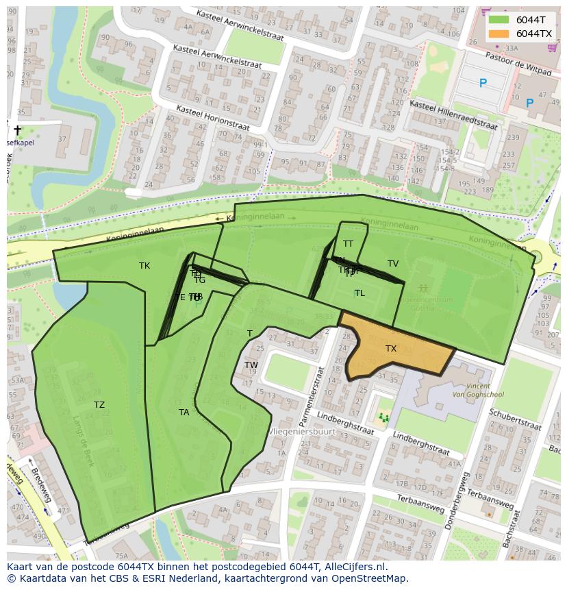 Afbeelding van het postcodegebied 6044 TX op de kaart.