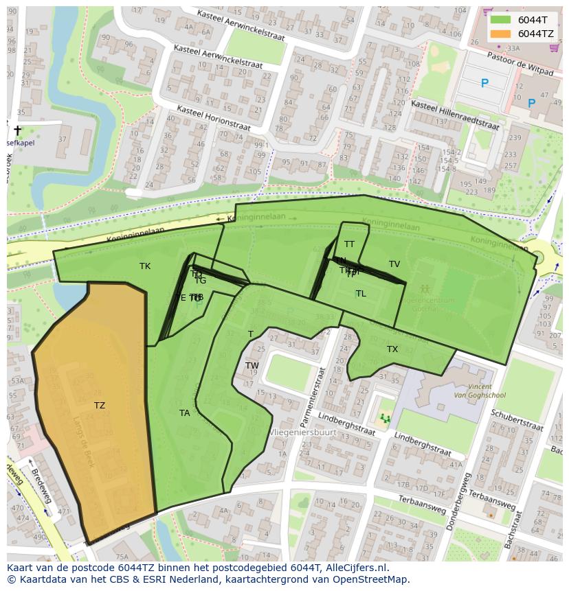 Afbeelding van het postcodegebied 6044 TZ op de kaart.