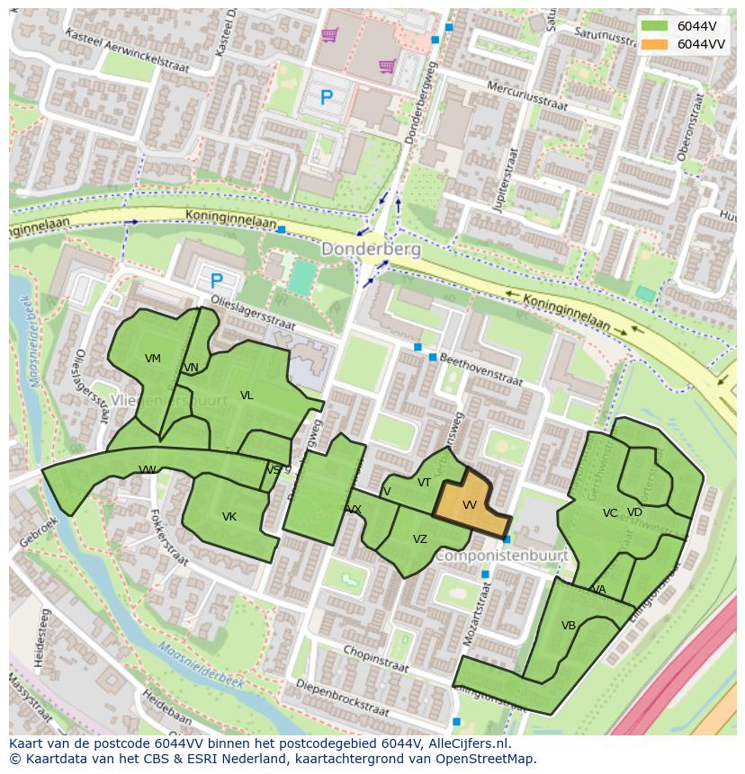 Afbeelding van het postcodegebied 6044 VV op de kaart.