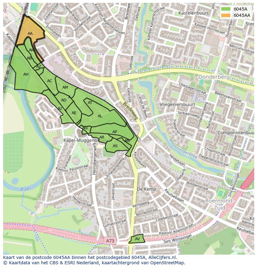 Afbeelding van het postcodegebied 6045 AA op de kaart.
