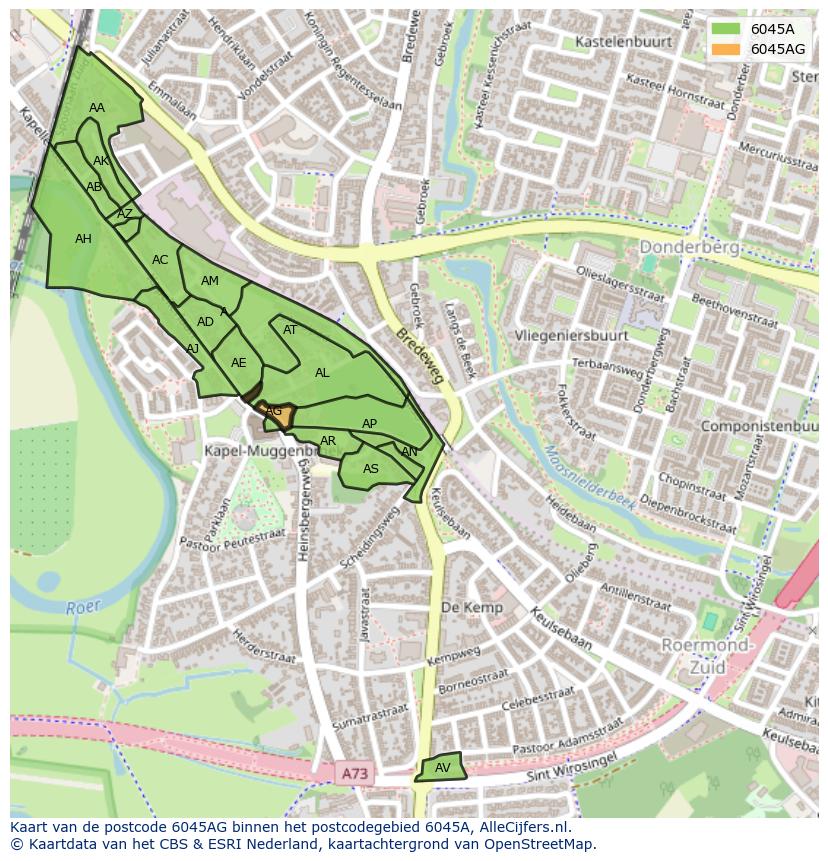 Afbeelding van het postcodegebied 6045 AG op de kaart.