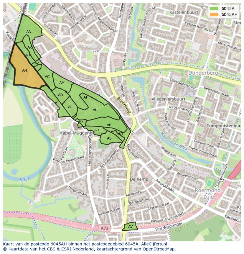 Afbeelding van het postcodegebied 6045 AH op de kaart.
