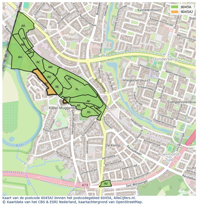 Afbeelding van het postcodegebied 6045 AJ op de kaart.