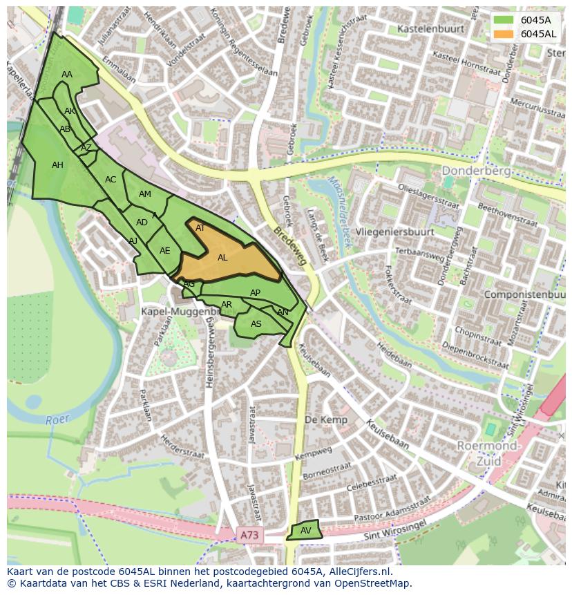 Afbeelding van het postcodegebied 6045 AL op de kaart.