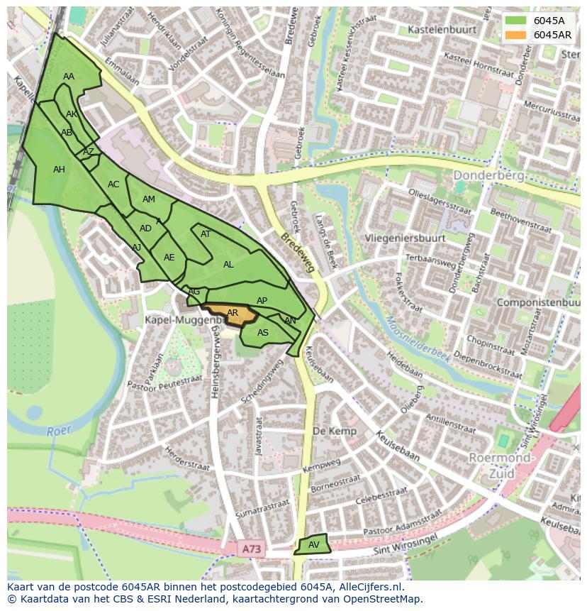 Afbeelding van het postcodegebied 6045 AR op de kaart.