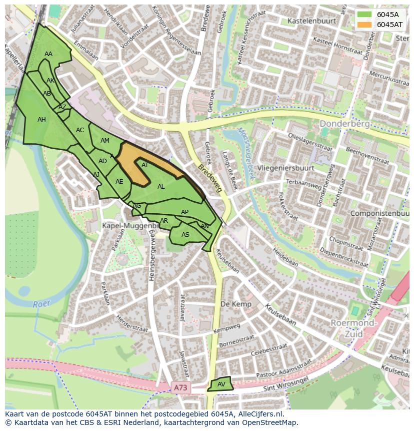 Afbeelding van het postcodegebied 6045 AT op de kaart.