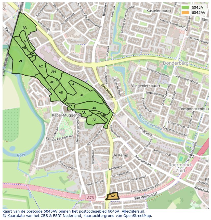 Afbeelding van het postcodegebied 6045 AV op de kaart.