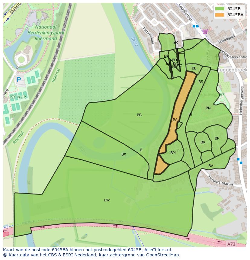Afbeelding van het postcodegebied 6045 BA op de kaart.
