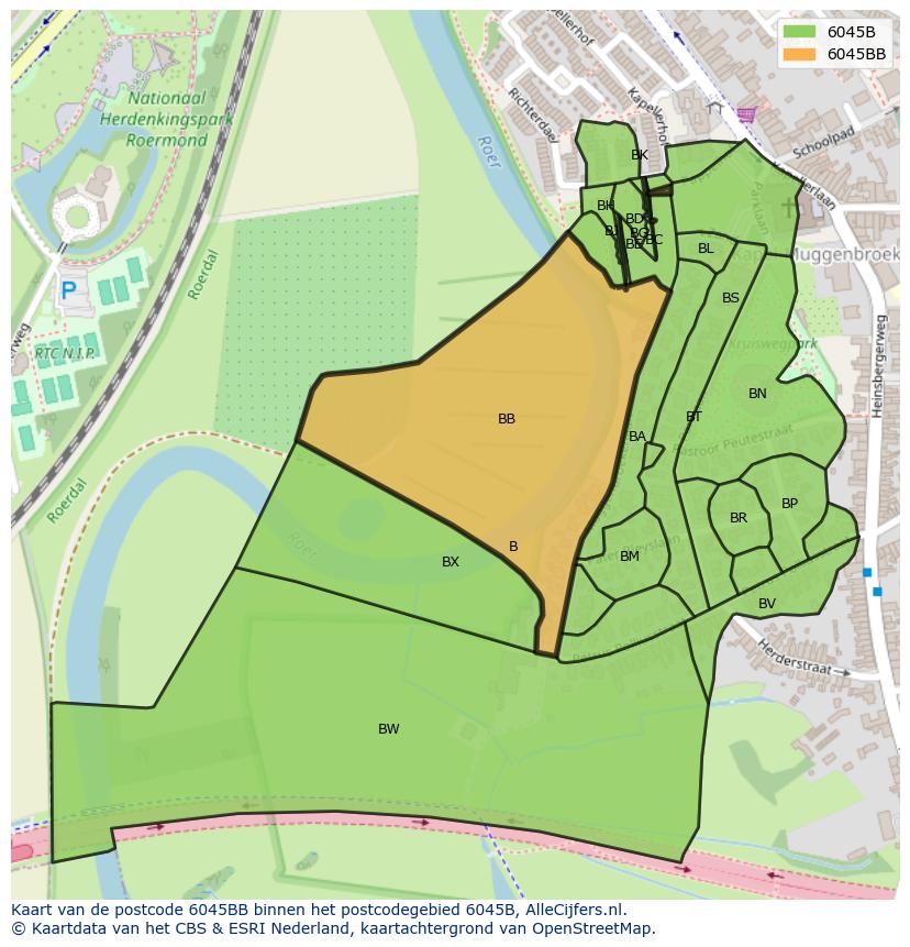 Afbeelding van het postcodegebied 6045 BB op de kaart.