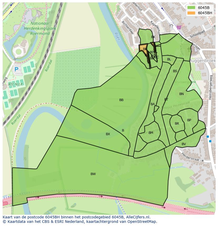 Afbeelding van het postcodegebied 6045 BH op de kaart.