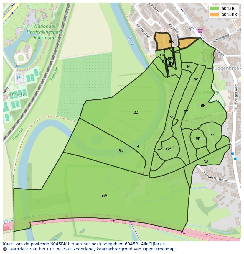 Afbeelding van het postcodegebied 6045 BK op de kaart.