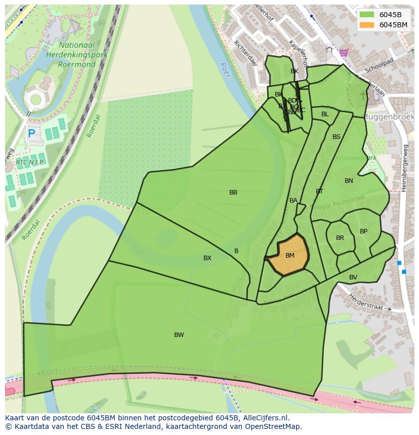 Afbeelding van het postcodegebied 6045 BM op de kaart.