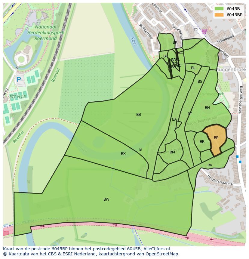 Afbeelding van het postcodegebied 6045 BP op de kaart.