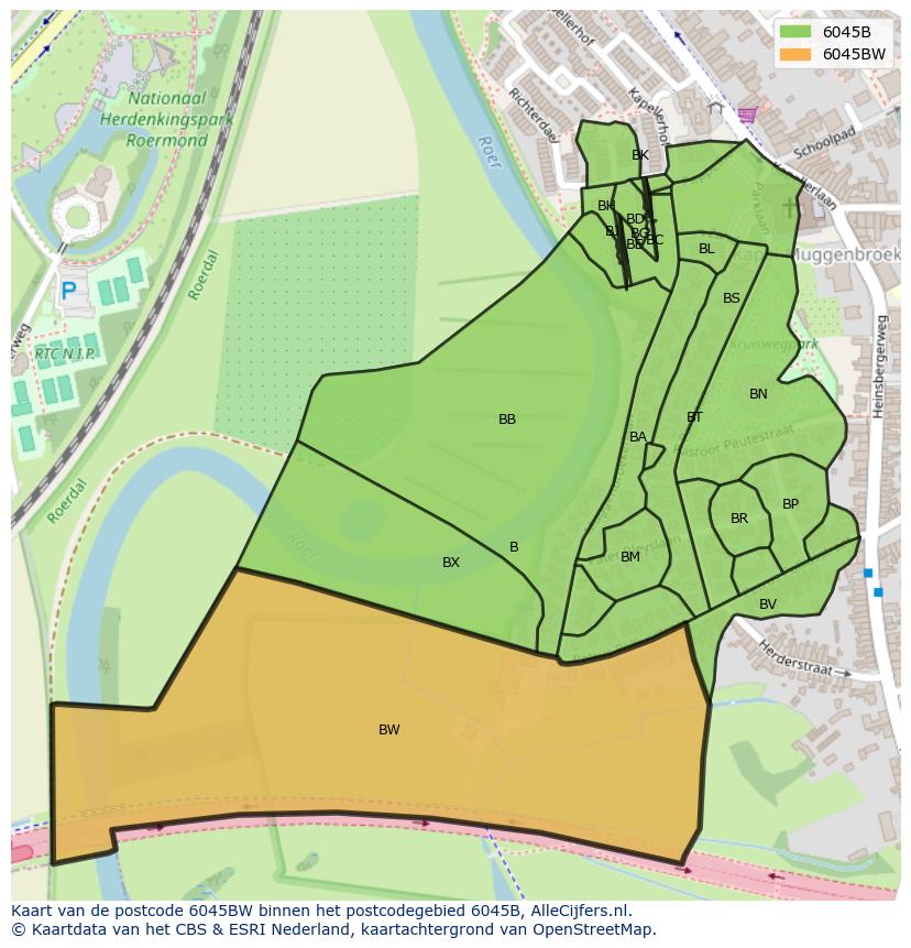 Afbeelding van het postcodegebied 6045 BW op de kaart.