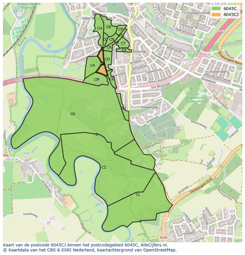 Afbeelding van het postcodegebied 6045 CJ op de kaart.