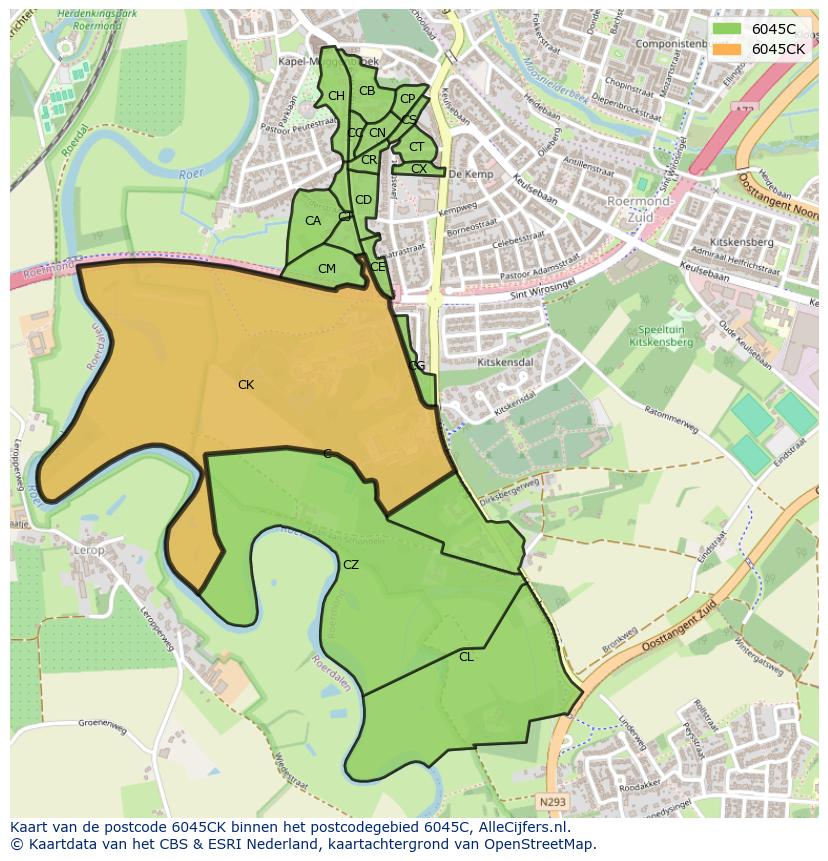 Afbeelding van het postcodegebied 6045 CK op de kaart.