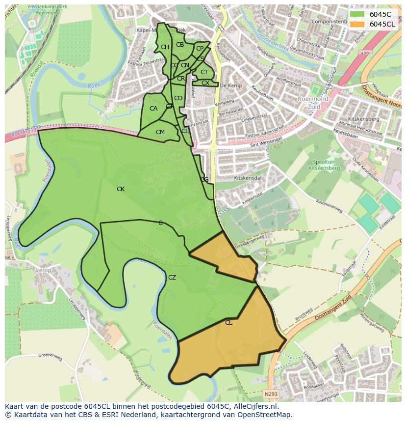 Afbeelding van het postcodegebied 6045 CL op de kaart.