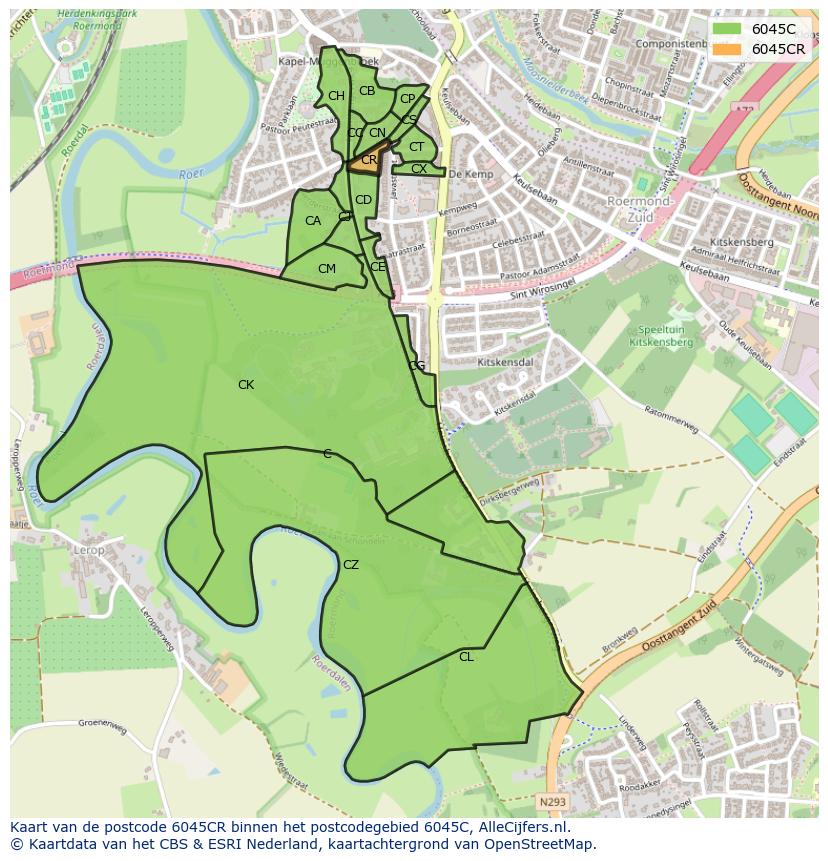 Afbeelding van het postcodegebied 6045 CR op de kaart.