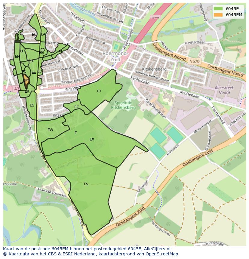 Afbeelding van het postcodegebied 6045 EM op de kaart.