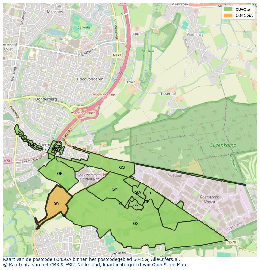 Afbeelding van het postcodegebied 6045 GA op de kaart.