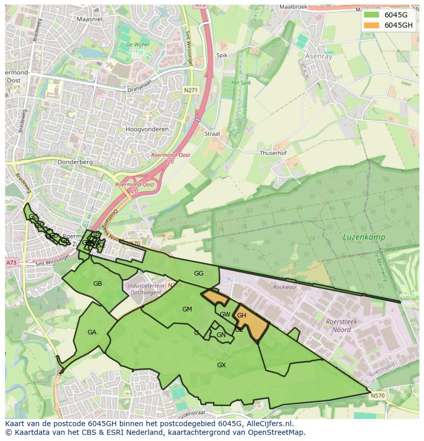 Afbeelding van het postcodegebied 6045 GH op de kaart.