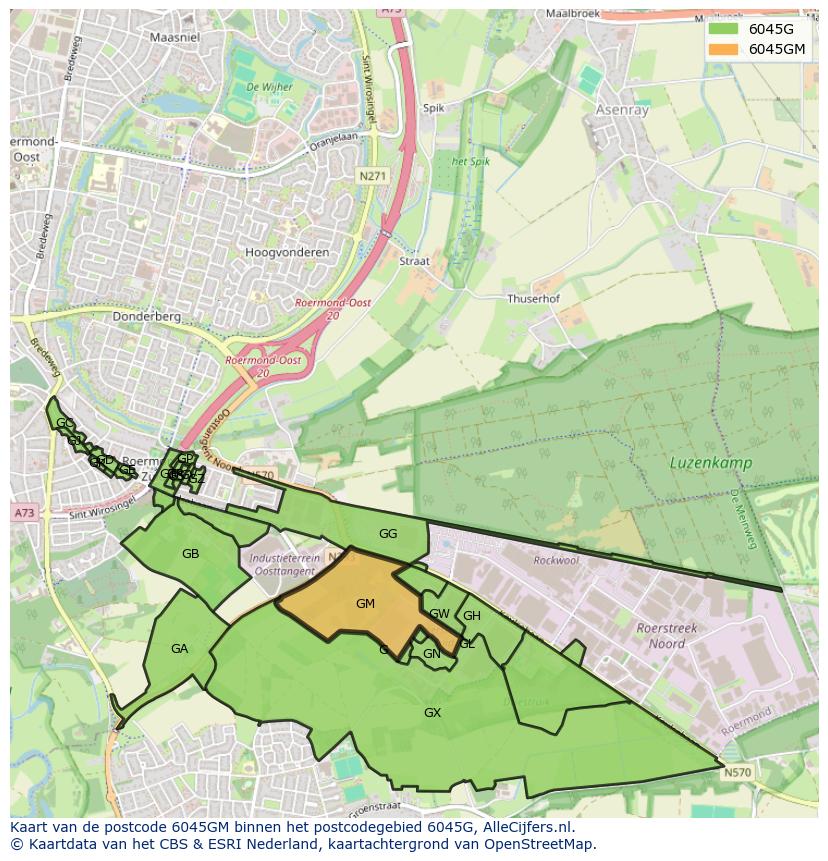 Afbeelding van het postcodegebied 6045 GM op de kaart.