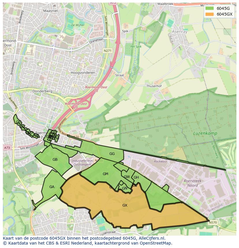 Afbeelding van het postcodegebied 6045 GX op de kaart.