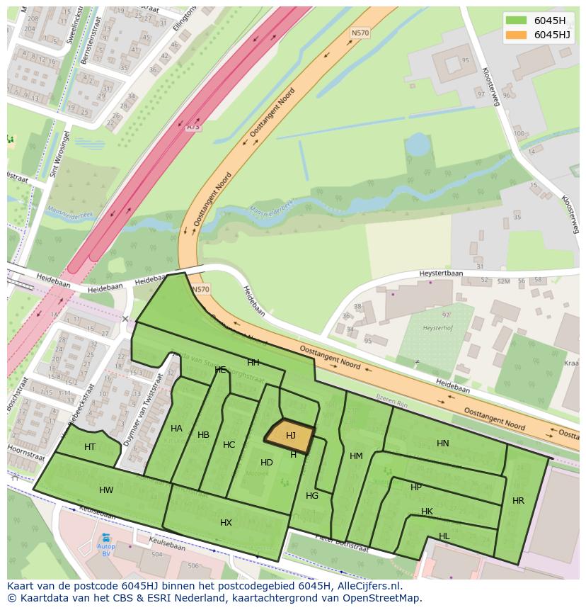 Afbeelding van het postcodegebied 6045 HJ op de kaart.