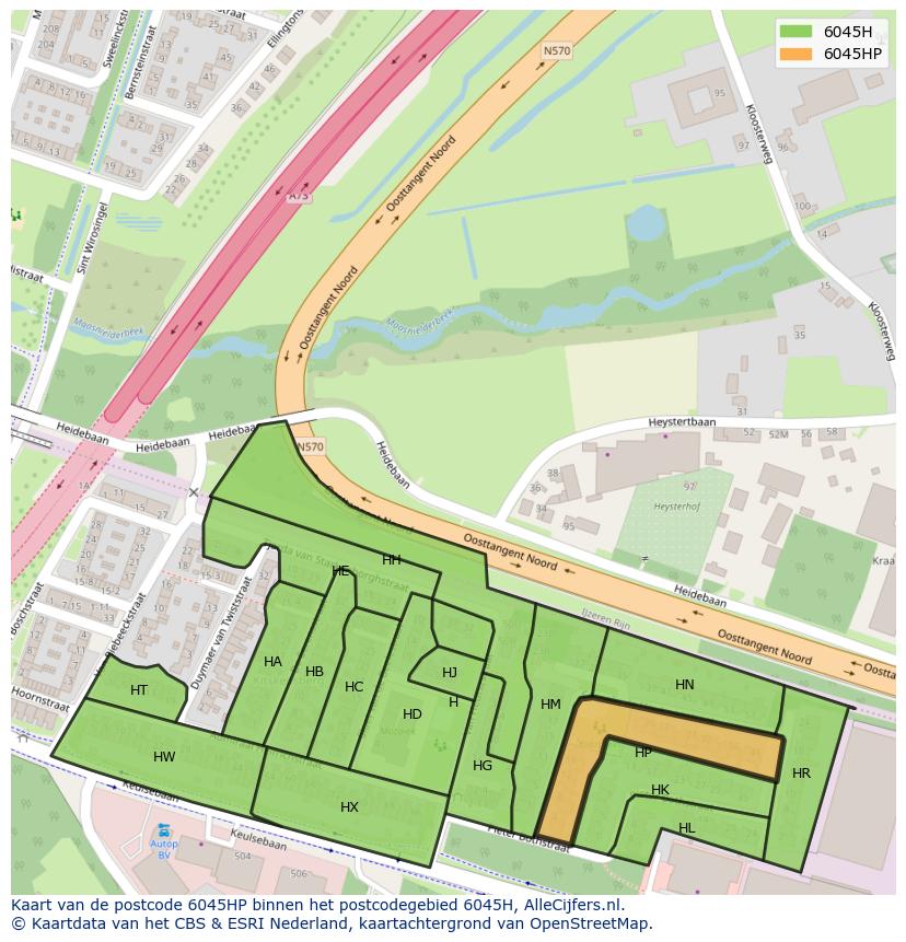 Afbeelding van het postcodegebied 6045 HP op de kaart.