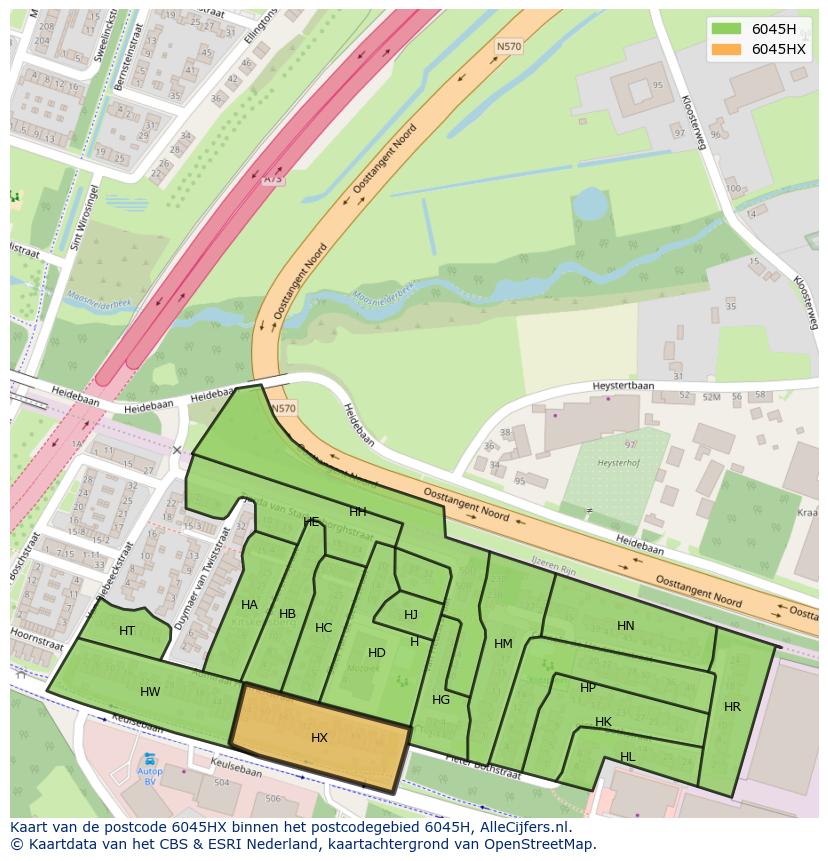 Afbeelding van het postcodegebied 6045 HX op de kaart.