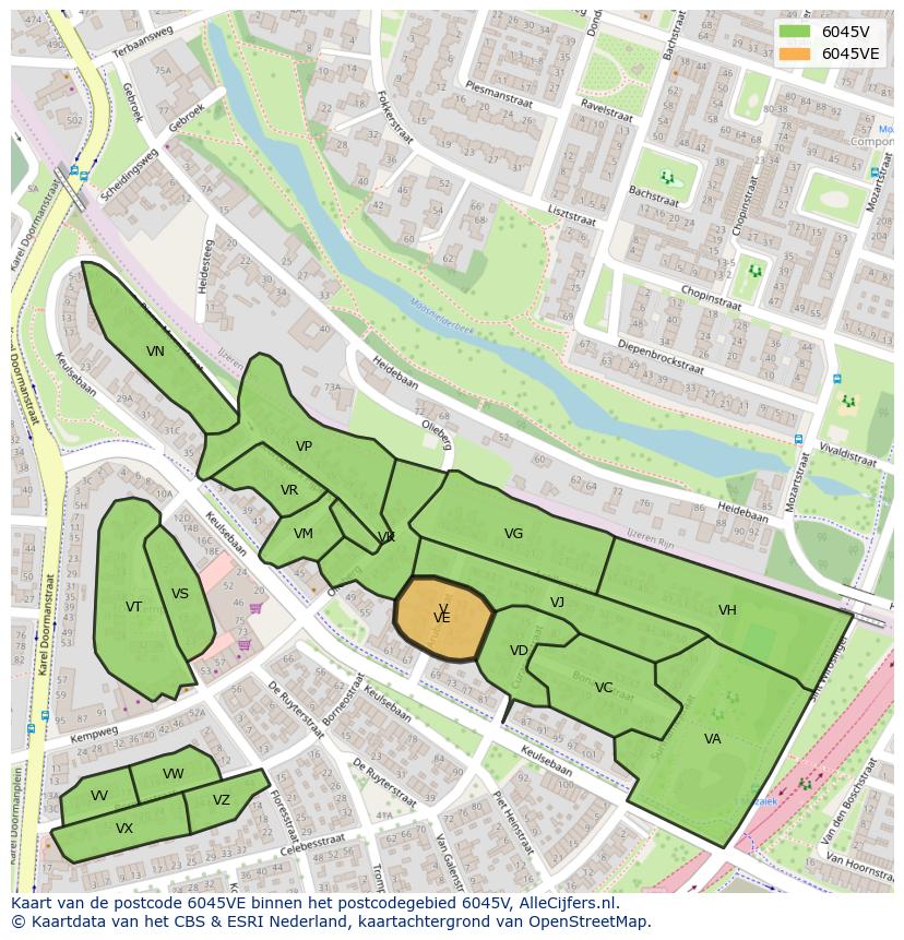 Afbeelding van het postcodegebied 6045 VE op de kaart.