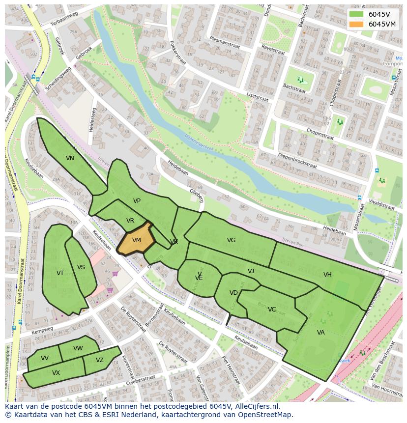 Afbeelding van het postcodegebied 6045 VM op de kaart.