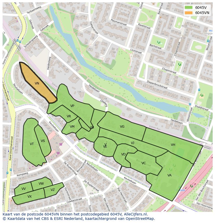 Afbeelding van het postcodegebied 6045 VN op de kaart.