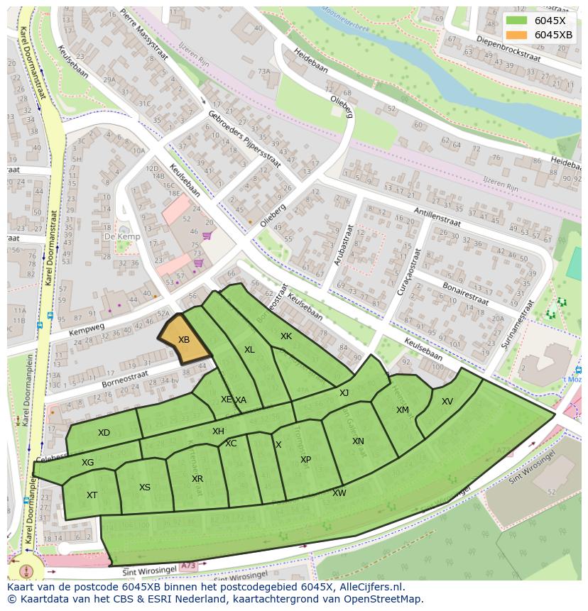 Afbeelding van het postcodegebied 6045 XB op de kaart.