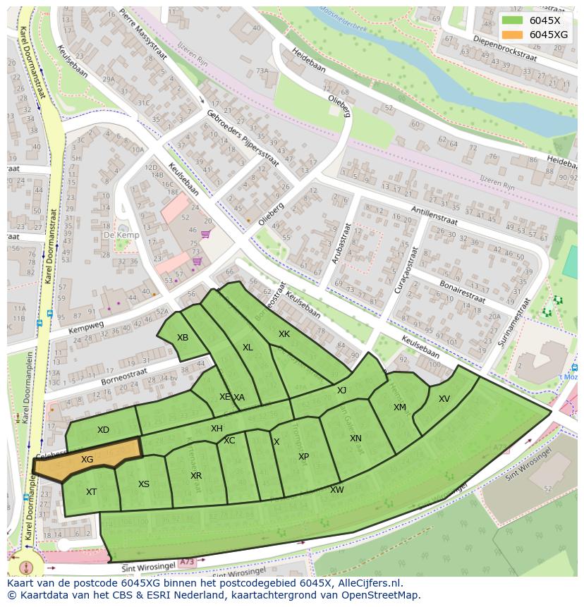 Afbeelding van het postcodegebied 6045 XG op de kaart.