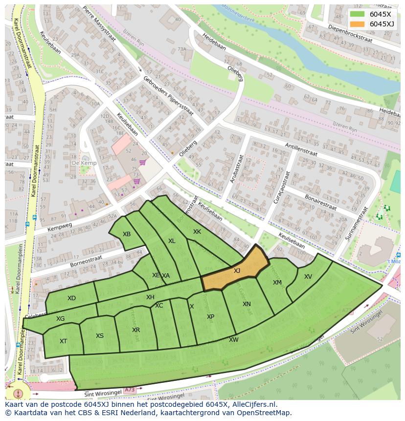 Afbeelding van het postcodegebied 6045 XJ op de kaart.