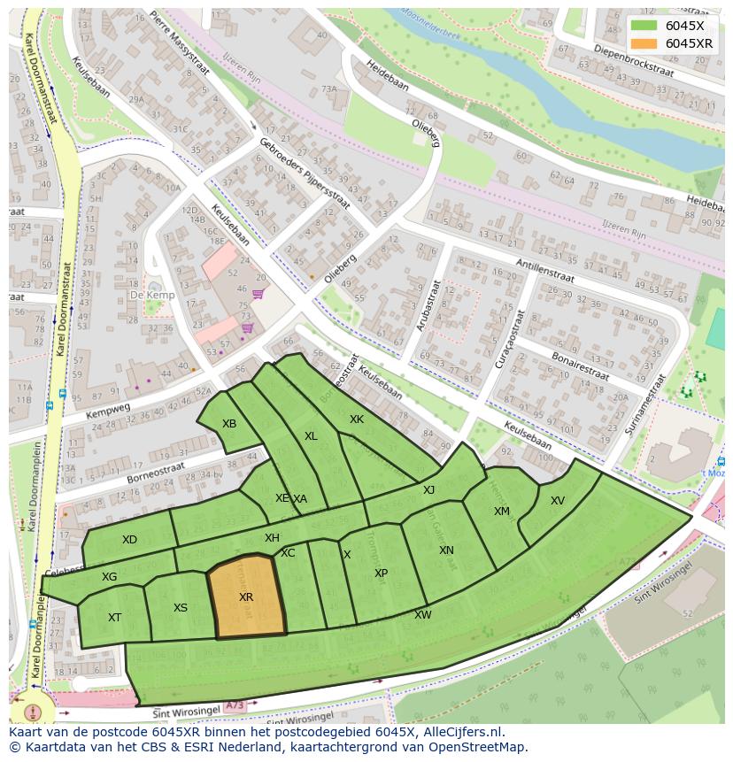 Afbeelding van het postcodegebied 6045 XR op de kaart.