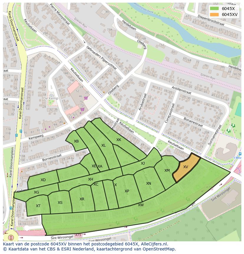 Afbeelding van het postcodegebied 6045 XV op de kaart.