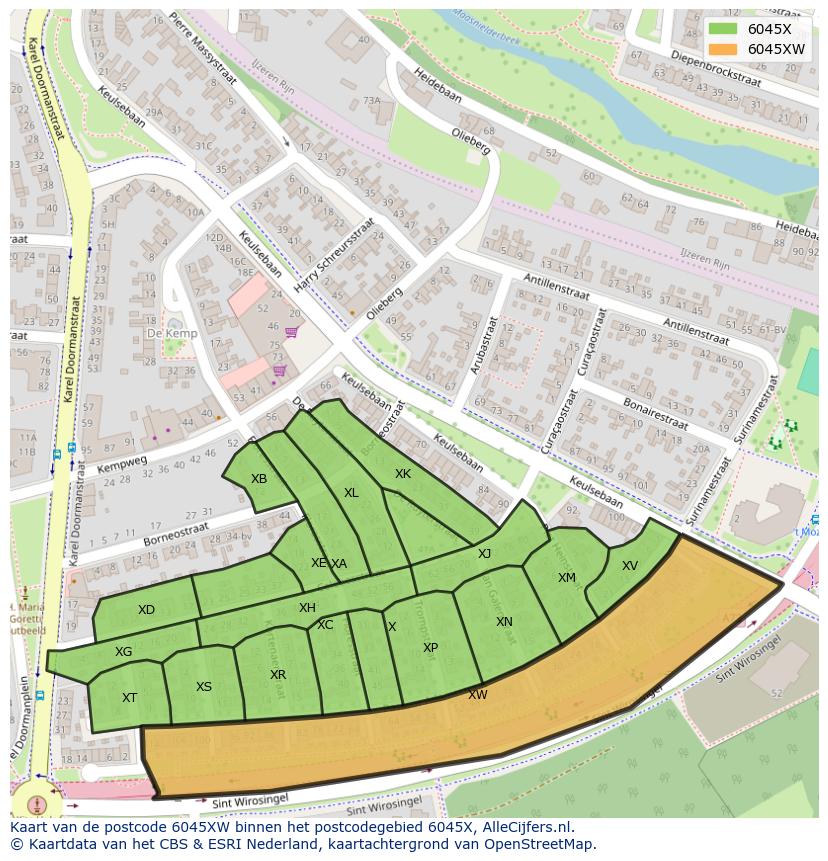 Afbeelding van het postcodegebied 6045 XW op de kaart.