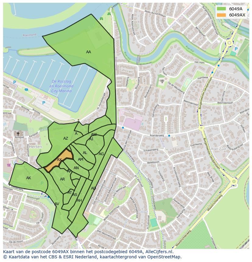 Afbeelding van het postcodegebied 6049 AX op de kaart.