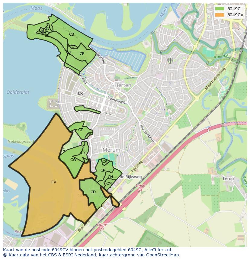 Afbeelding van het postcodegebied 6049 CV op de kaart.
